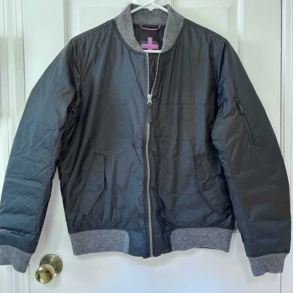 NWT COLE HAAN STUDIO GRAND WOMENS BOMBER JACKET SZ M Grey Knit cuffs, collar.